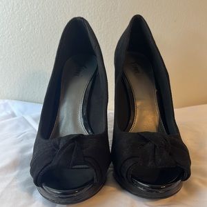 Black 4 inch heel peep toe pumps, size 8.5, with shoe box, worn a couple times